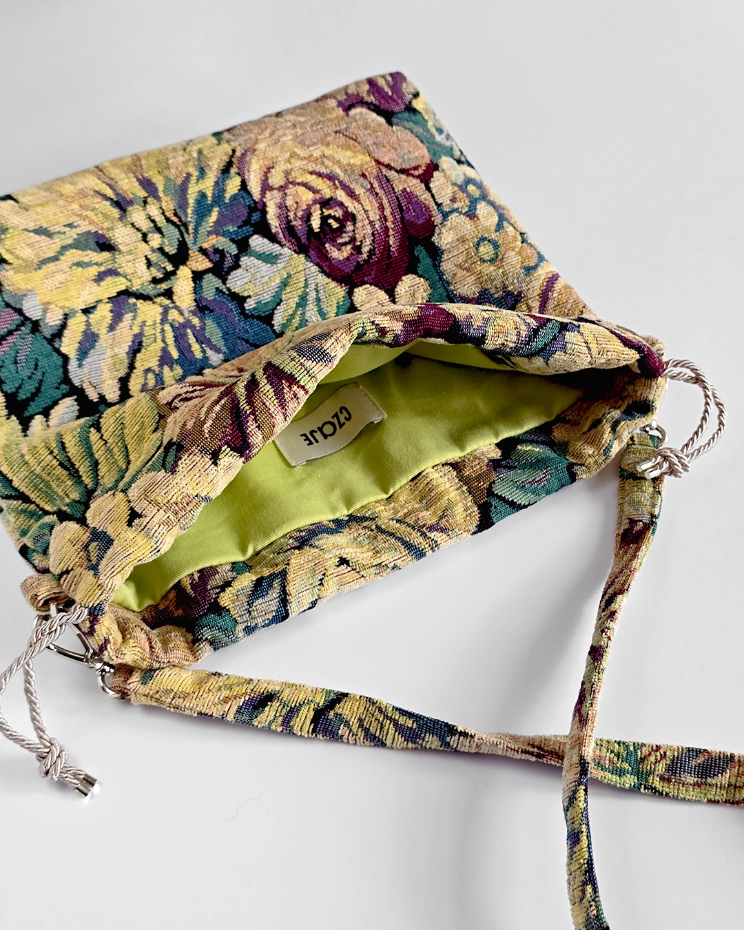 Mała torebka na ramię Flowerhead Vintage Garden Silver tkanina żakardowa srebrne okucia handmade - Czaje Polska