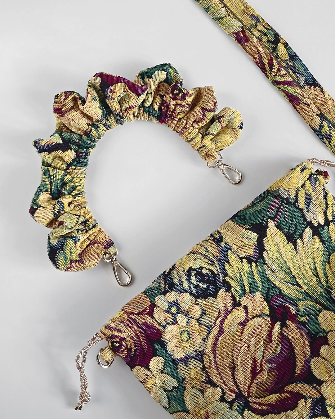 Mała torebka na ramię Flowerhead Vintage Garden Silver tkanina żakardowa srebrne okucia handmade - Czaje Polska