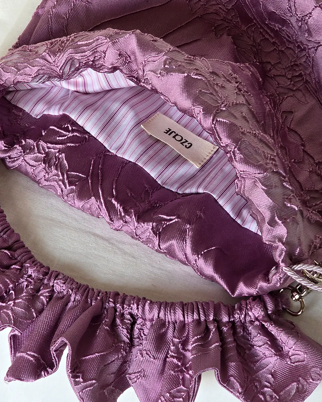 Mała torebka na ramię Flowerhead Purple Bells Silver tkanina tekstylna srebrne okucia handmade - Czaje Polska